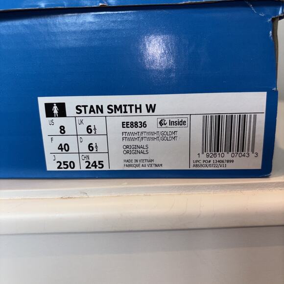 Stan Smith Adidas Size 8 White Gold Woman Womens Sneakers Shoes New in Box - Picture 5 of 7